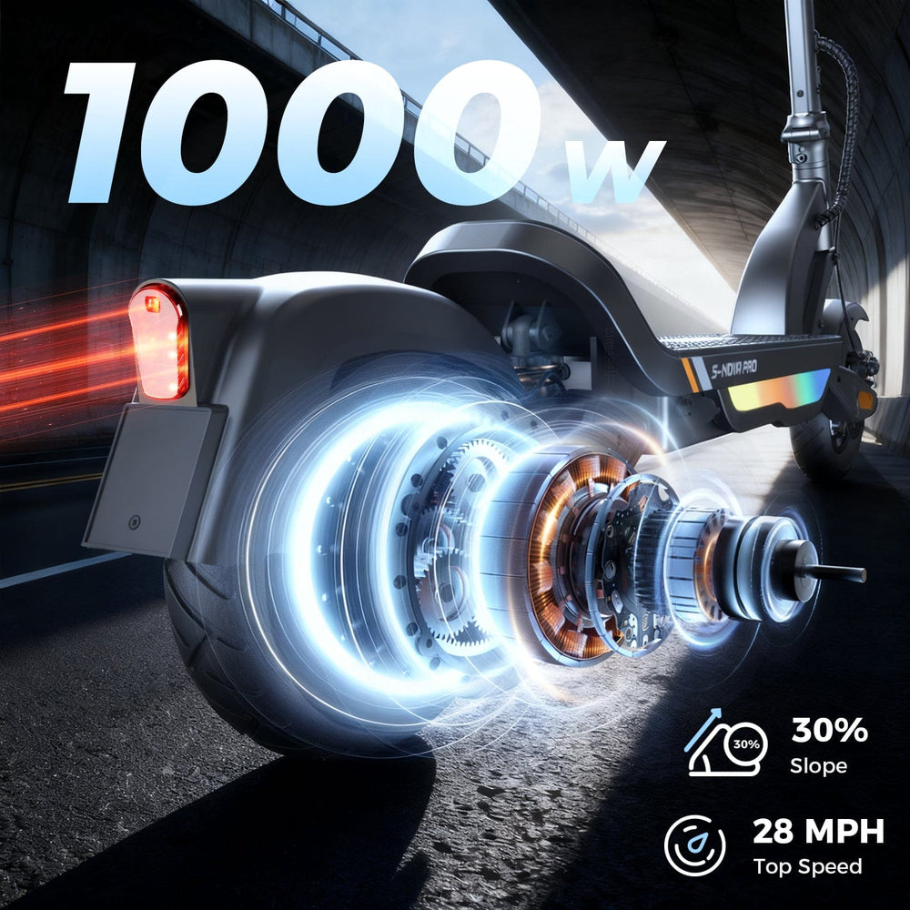 A powerful electric scooter with a visible motor design is showcased, highlighting its 1000W capability. The image emphasizes features like a 30% slope climbing ability and a top speed of 28 MPH, set against an urban backdrop under a bridge.