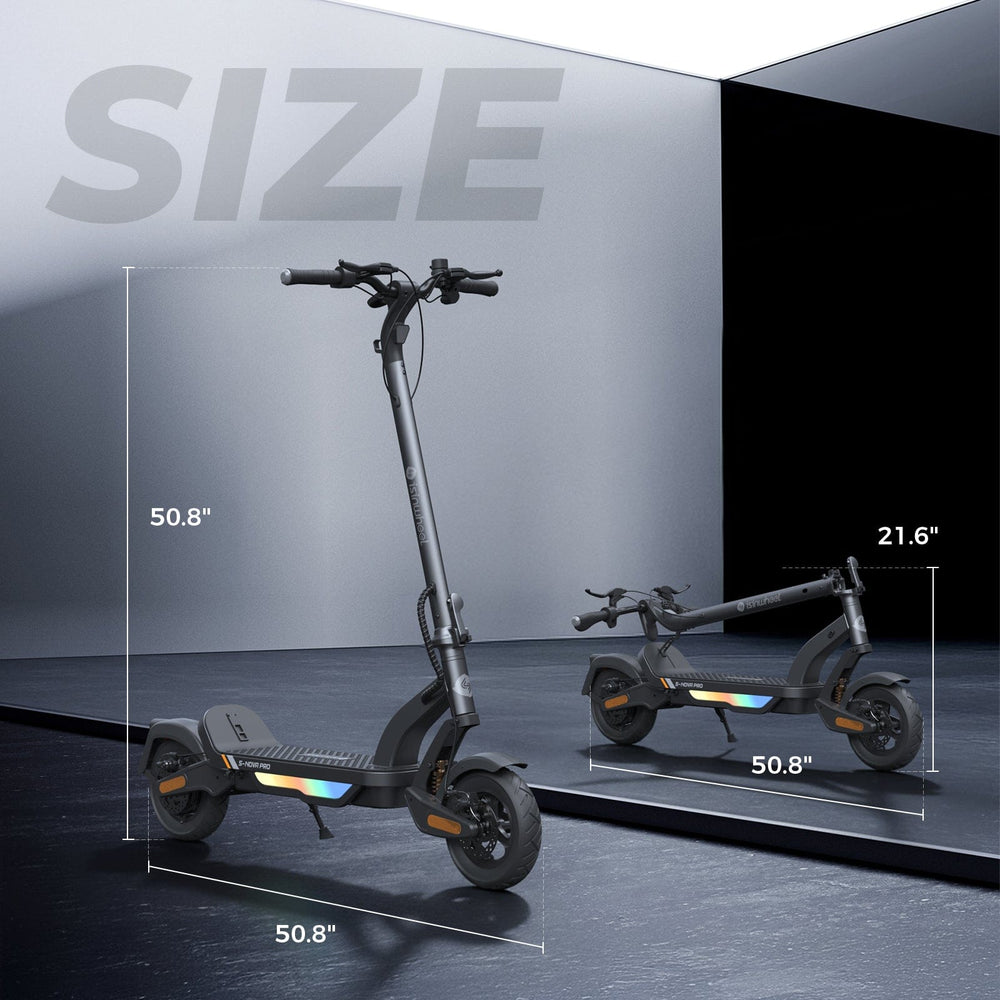 A sleek electric scooter is shown in two positions: upright and folded. The upright scooter measures 50.8 inches in both height and length, while the folded version is 21.6 inches tall. The scooter features a dark design with colorful accents on the deck, set against a minimalist, reflective background.