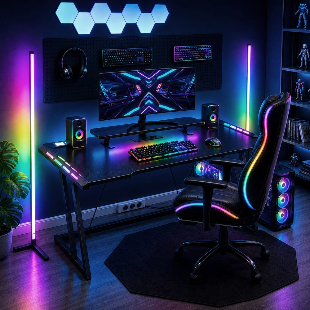 CyberCart Biurko komputerowe Zestawy sprzętu do gier (Biurko gamingowe + fotel gamingowy + lampa RGB + mata podłogowa)