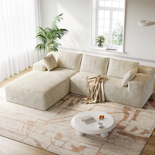 CyberCart Sofa Beige LHMSF01 Sofa w kształcie litery L z dwuwarstwowej gąbki, czteroosobowa z szezlongiem, nie wymaga montażu
