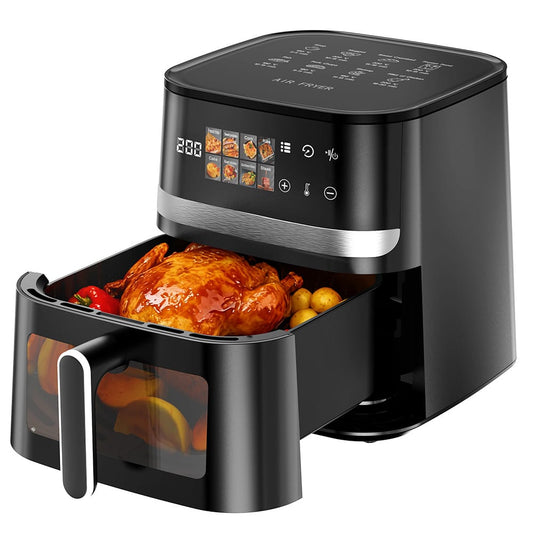 CyberCart Frytkownica powietrzna Czarny Patbrela AF303 Frytkownica powietrzna beztłuszczowa 7 l, 1350 W, 8 programów wstępnych z przezroczystym okienkiem, ekranem dotykowym LED, maks. 200°C