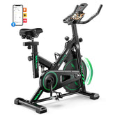 A sleek black exercise bike with green accents is shown, featuring an adjustable seat and handlebars. It has a digital display for tracking workouts and a holder for a smartphone or tablet, with Bluetooth connectivity options visible.