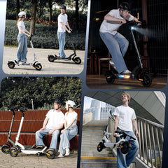 A collage of images shows two people using electric scooters. In one scene, they ride side by side on a path, both wearing helmets and casual outfits. Another image captures a person riding at night, with the scooter's lights on. They are also seen sitting on a bench with their scooters parked nearby. In the final image, one person carries a folded scooter up a set of stairs, with a cityscape in the background.
