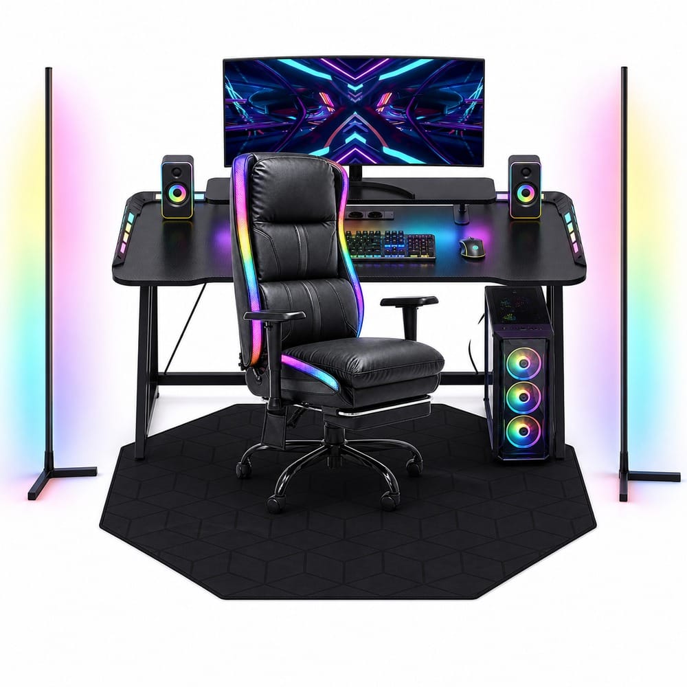 CyberCart Biurko komputerowe 120 cm / Biurko + krzesło + 2 lampy + mata Zestawy sprzętu do gier (Biurko gamingowe + fotel gamingowy + lampa RGB + mata podłogowa)