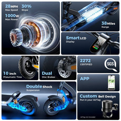 This image showcases various features of an electric scooter, including a 1000W motor with a 28 MPH max speed and 30% slope capability, a 38-mile range, and a smart LCD display. It also highlights 10-inch pneumatic tires, dual disc brakes, and double shock suspension. Additional features include 2272 certification, app connectivity, and a custom bell design compatible with AirTags.