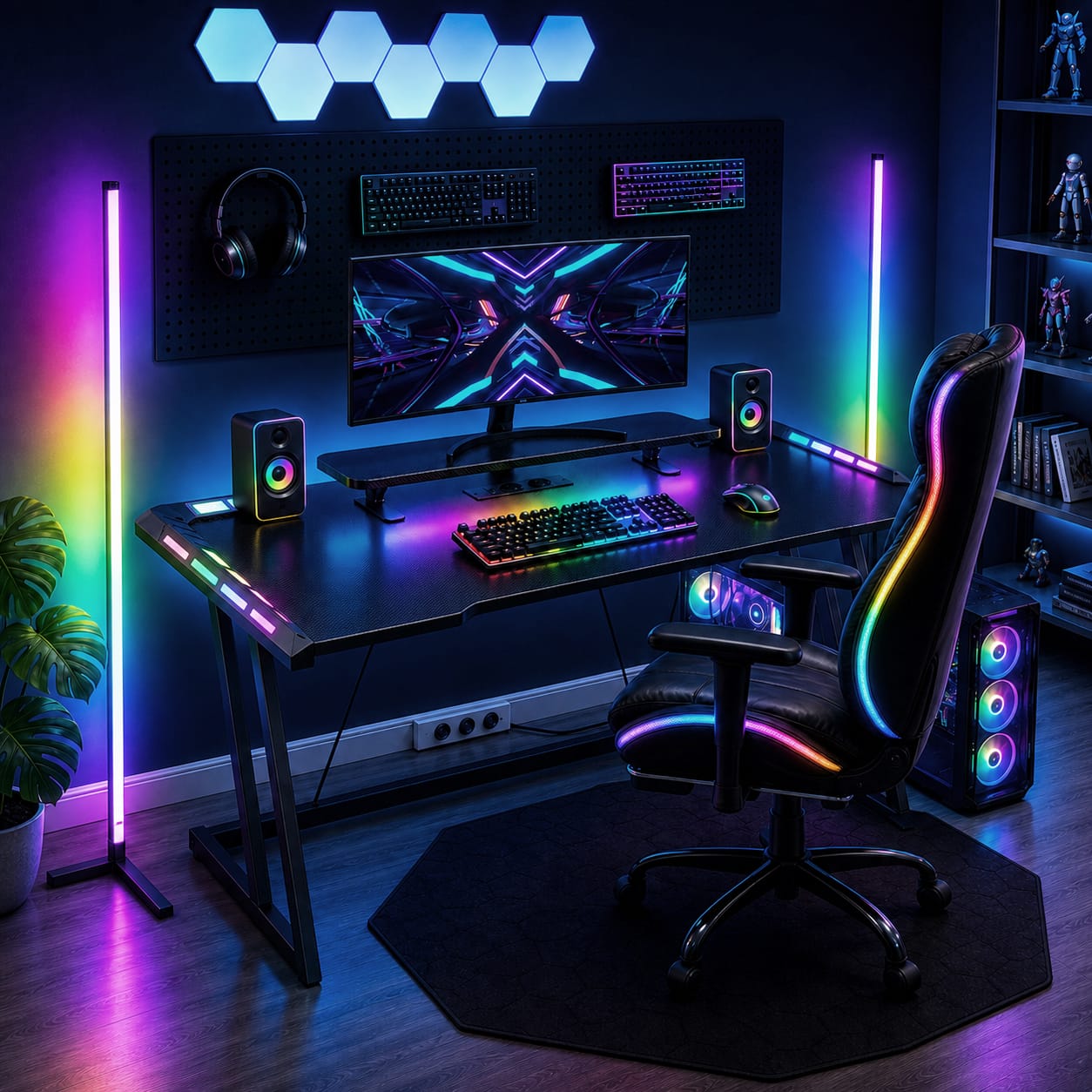 CyberCart Biurko komputerowe Zestawy sprzętu do gier (Biurko gamingowe + fotel gamingowy + lampa RGB + mata podłogowa)
