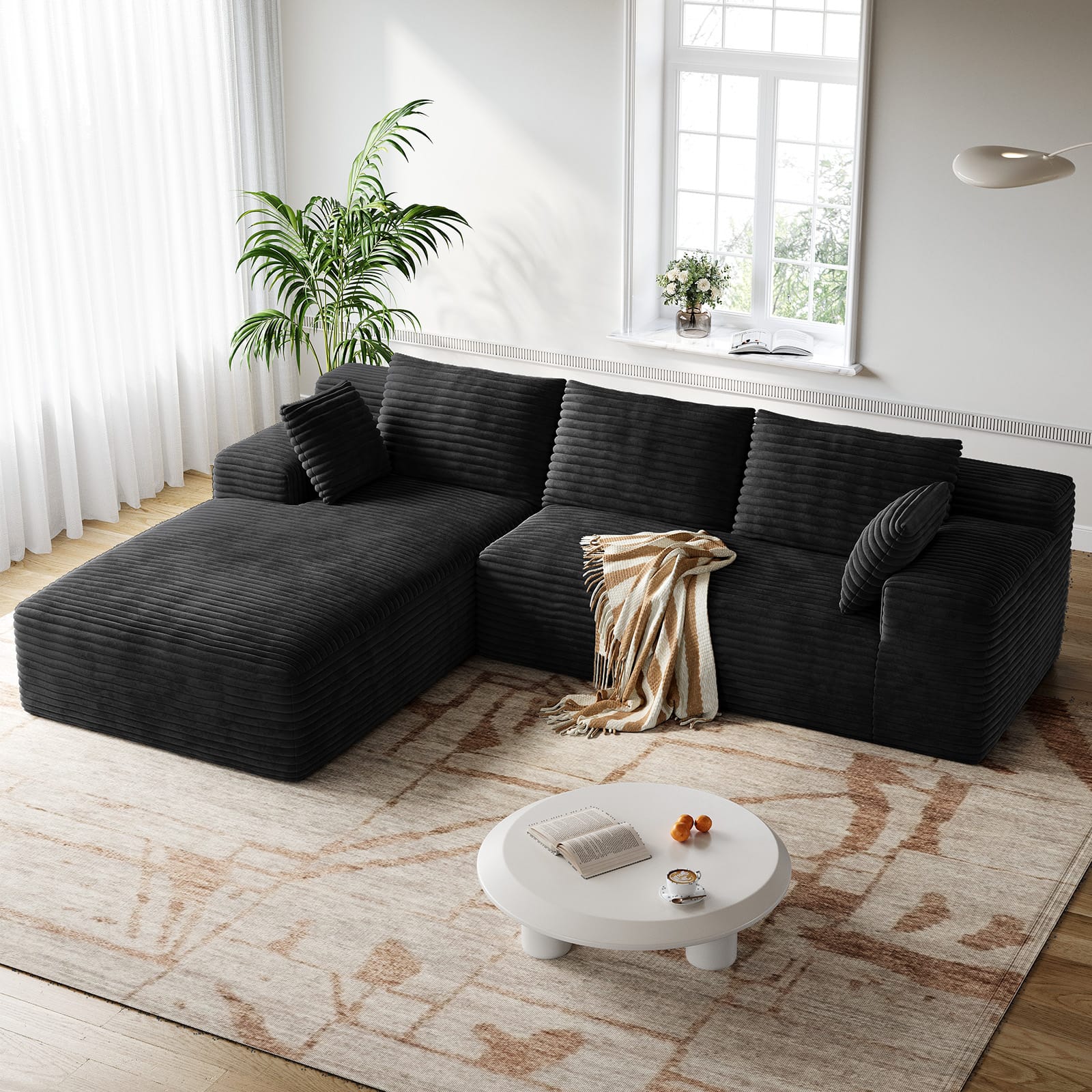 CyberCart Sofa Czarny LHMSF01 Sofa w kształcie litery L z dwuwarstwowej gąbki, czteroosobowa z szezlongiem, nie wymaga montażu
