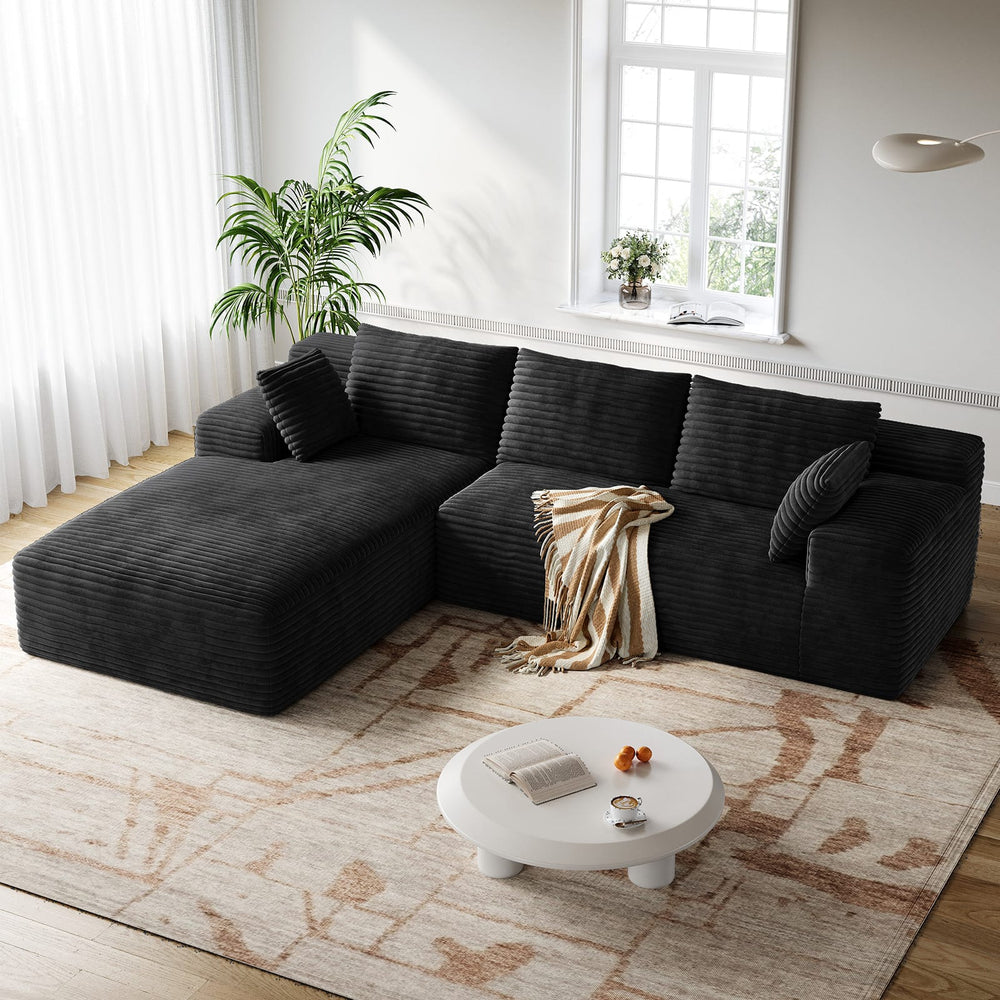 CyberCart Sofa Czarny LHMSF01 Sofa w kształcie litery L z dwuwarstwowej gąbki, czteroosobowa z szezlongiem, nie wymaga montażu