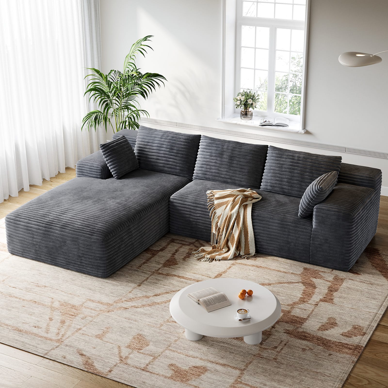 CyberCart Sofa Szary LHMSF01 Sofa w kształcie litery L z dwuwarstwowej gąbki, czteroosobowa z szezlongiem, nie wymaga montażu