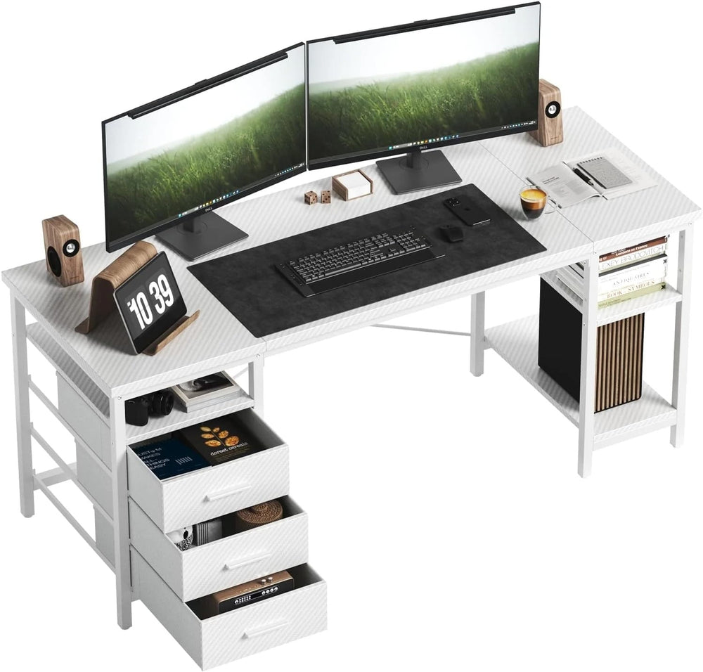 HOMRELEXA Biurko komputerowe 120*60*75cm / Biały HOMRELEXA FTMZZ01 Biurko komputerowe z 3 szufladami i 3 regulowanymi półkami, odwracalny stół biurowy