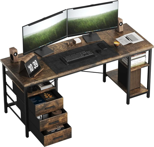 HOMRELEXA Biurko komputerowe 120*60*75cm / Brązowy HOMRELEXA FTMZZ01 Biurko komputerowe z 3 szufladami i 3 regulowanymi półkami, odwracalny stół biurowy