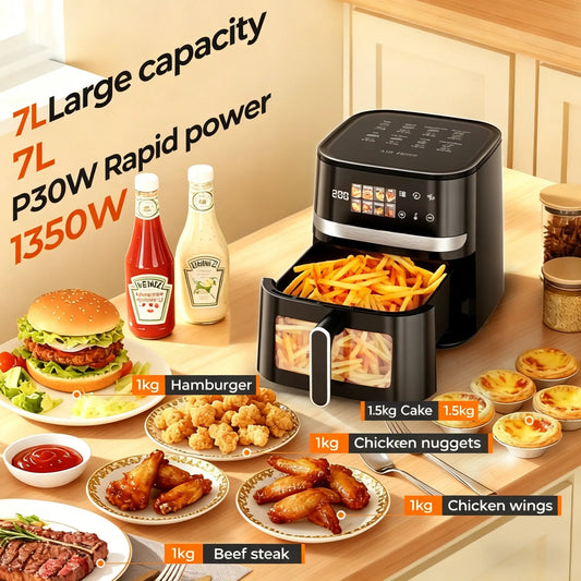 CyberCart Frytkownica powietrzna Czarny Patbrela AF303 Frytkownica powietrzna beztłuszczowa 7 l, 1350 W, 8 programów wstępnych z przezroczystym okienkiem, ekranem dotykowym LED, maks. 200°C