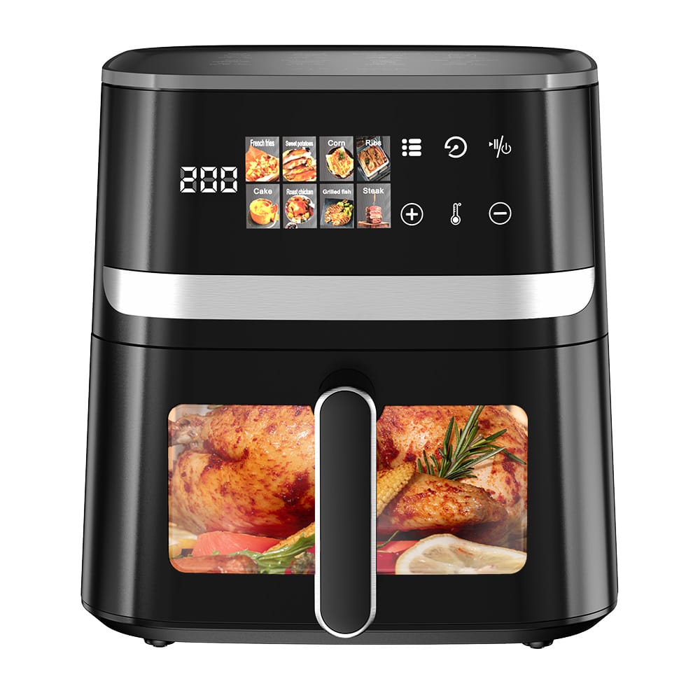 CyberCart Frytkownica powietrzna Czarny Patbrela AF303 Frytkownica powietrzna beztłuszczowa 7 l, 1350 W, 8 programów wstępnych z przezroczystym okienkiem, ekranem dotykowym LED, maks. 200°C