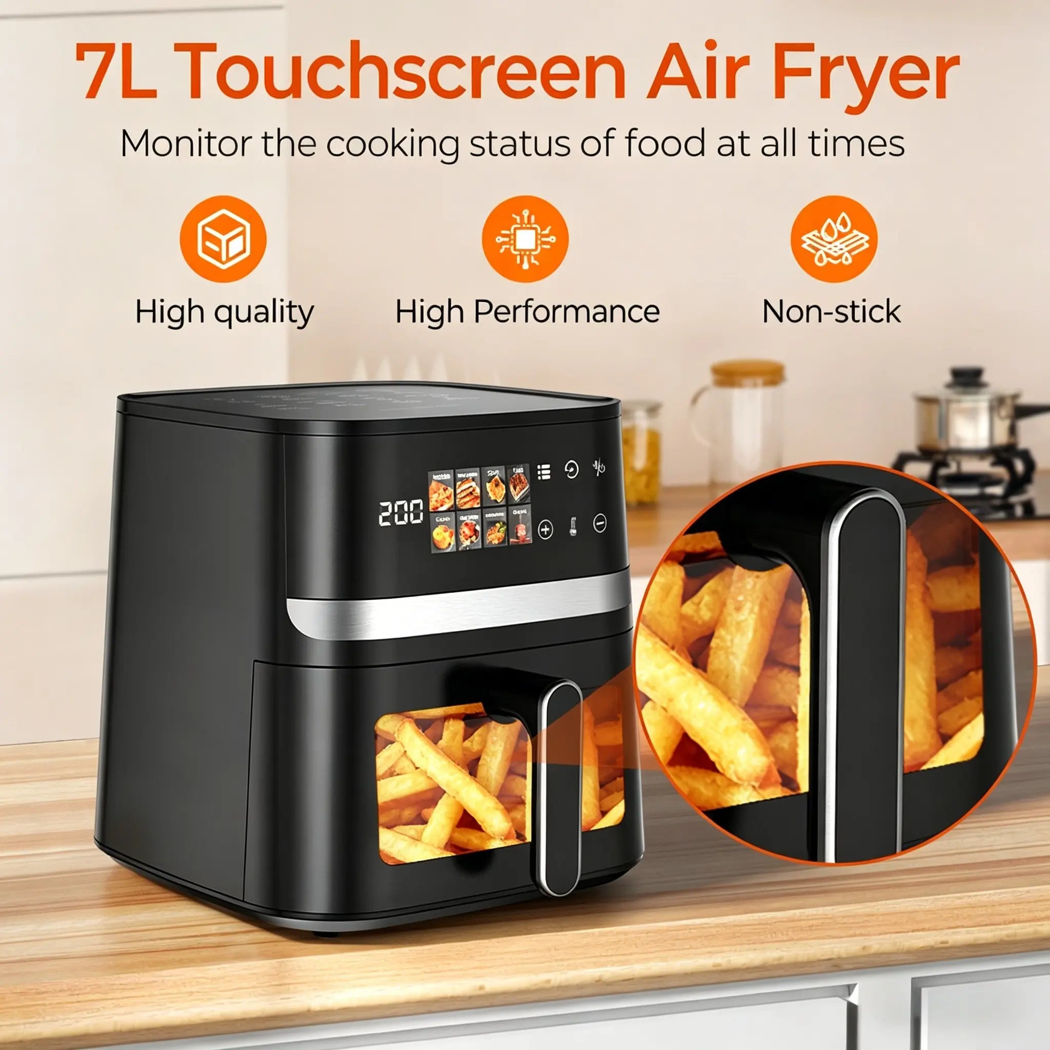 CyberCart Frytkownica powietrzna Czarny Patbrela AF303 Frytkownica powietrzna beztłuszczowa 7 l, 1350 W, 8 programów wstępnych z przezroczystym okienkiem, ekranem dotykowym LED, maks. 200°C