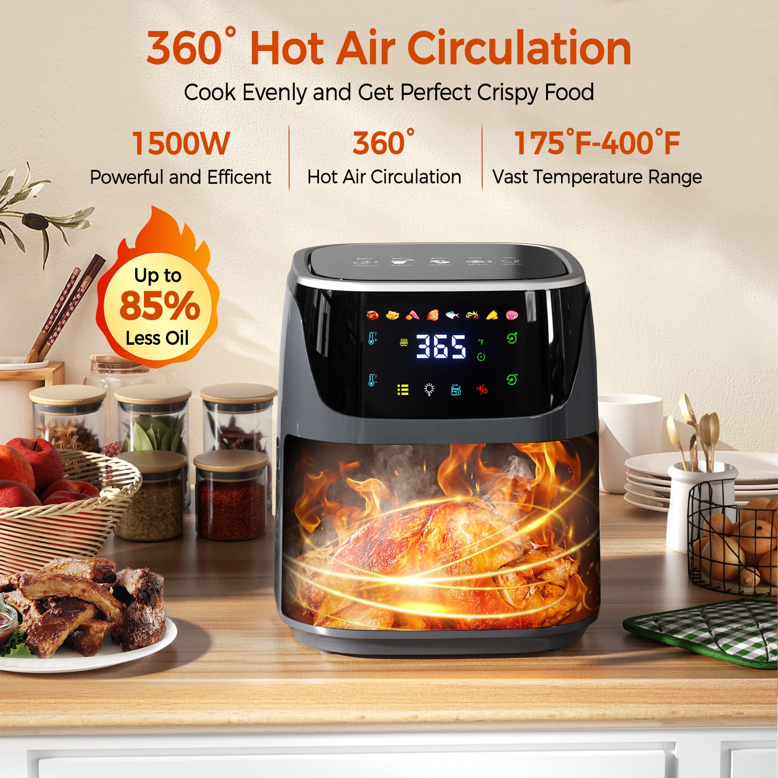 CyberCart Frytkownica powietrzna Patbrela AF304 Frytkownica beztłuszczowa 7,5 l, 1500 W, 8 programów wstępnych z przezroczystym okienkiem, ekran dotykowy LED, maks. 200°C