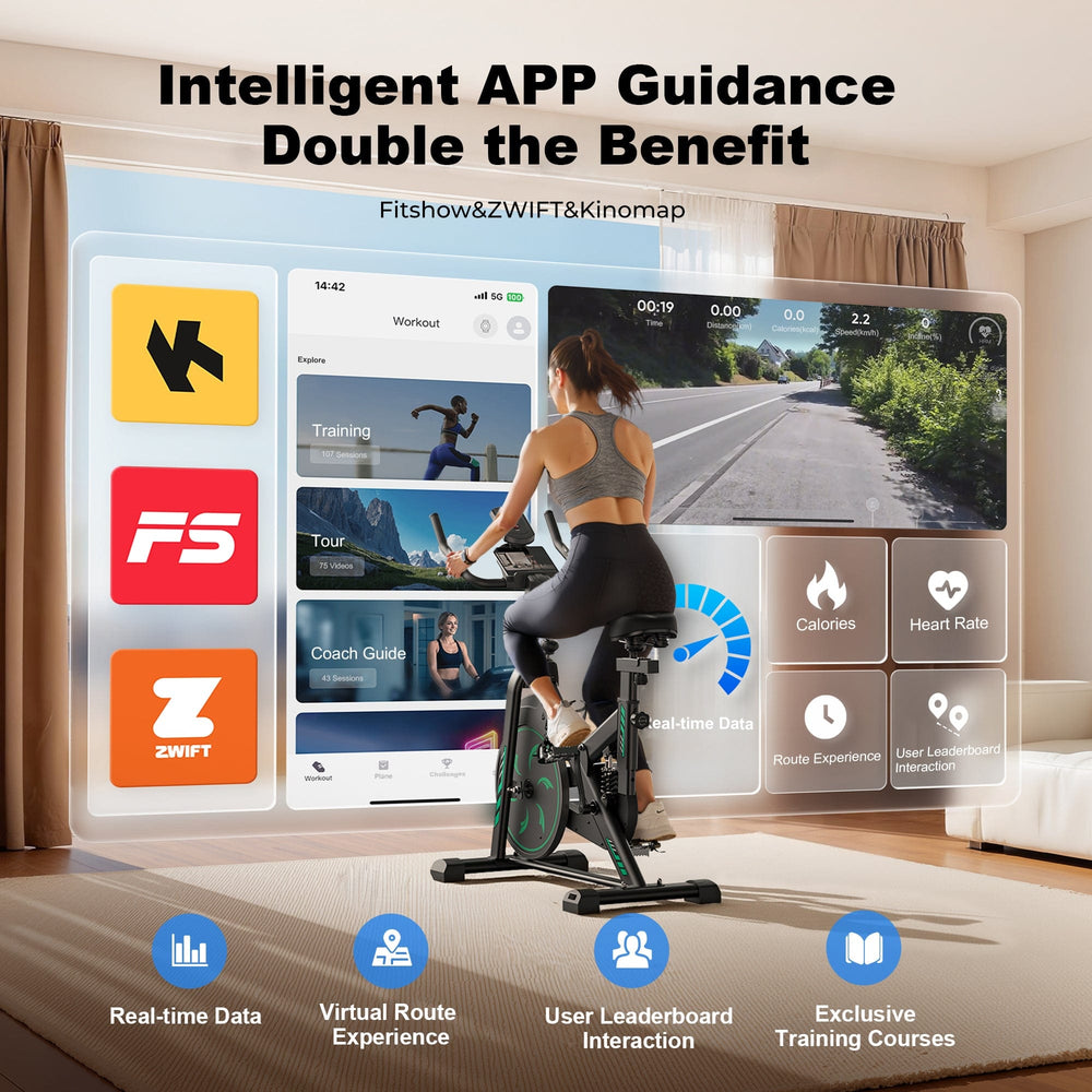 A woman exercises on a stationary bike in a living room, engaging with a large virtual screen displaying fitness apps and real-time data like calories and heart rate. The setup promotes interactive features such as virtual route experience and user leaderboard interaction.