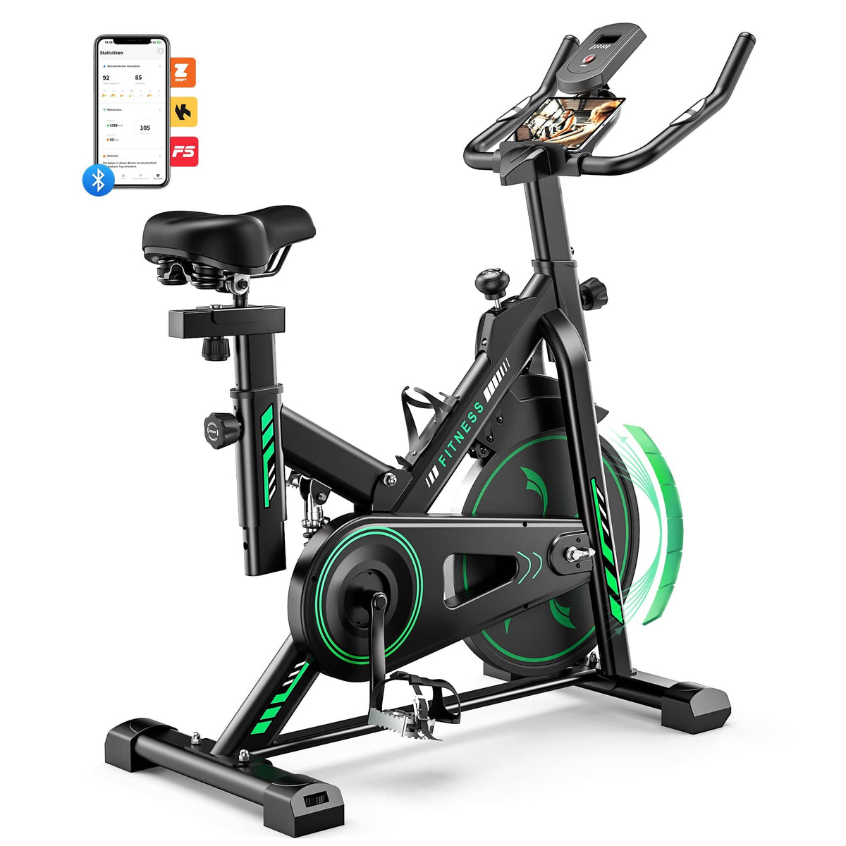 A sleek black exercise bike with green accents is shown, featuring an adjustable seat and handlebars. It has a digital display for tracking workouts and a holder for a smartphone or tablet, with Bluetooth connectivity options visible.