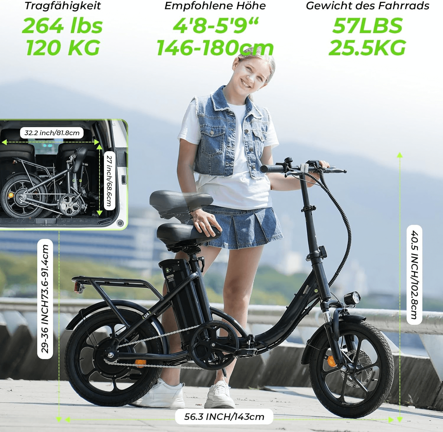 CyberCart Commuter E-Bike Electric Bike U4 Commuter 16" Fat Tires, Peak 750 W, 88 KM Range Step-Thru Foldable E-Bike