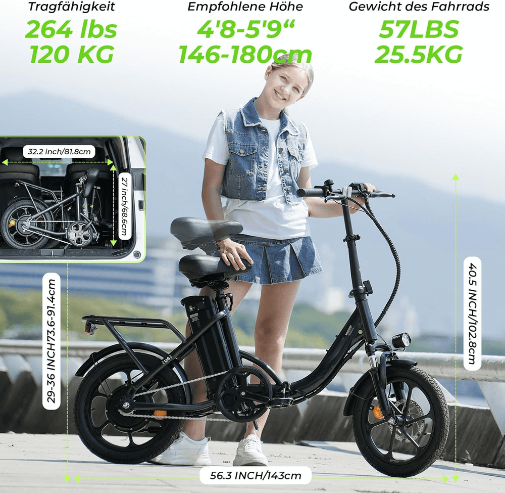 CyberCart Commuter E-Bike Electric Bike U4 Commuter 16" Fat Tires, Peak 750 W, 88 KM Range Step-Thru Foldable E-Bike