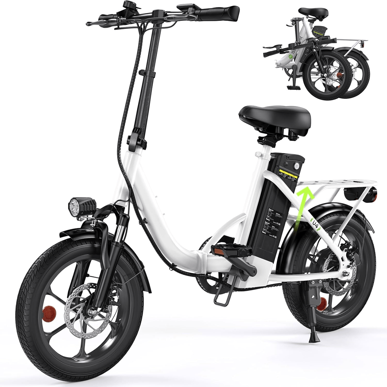 CyberCart Commuter E-Bike U4-White-1-Unit Electric Bike U4 Commuter 16" Fat Tires, Peak 750 W, 88 KM Range Step-Thru Foldable E-Bike