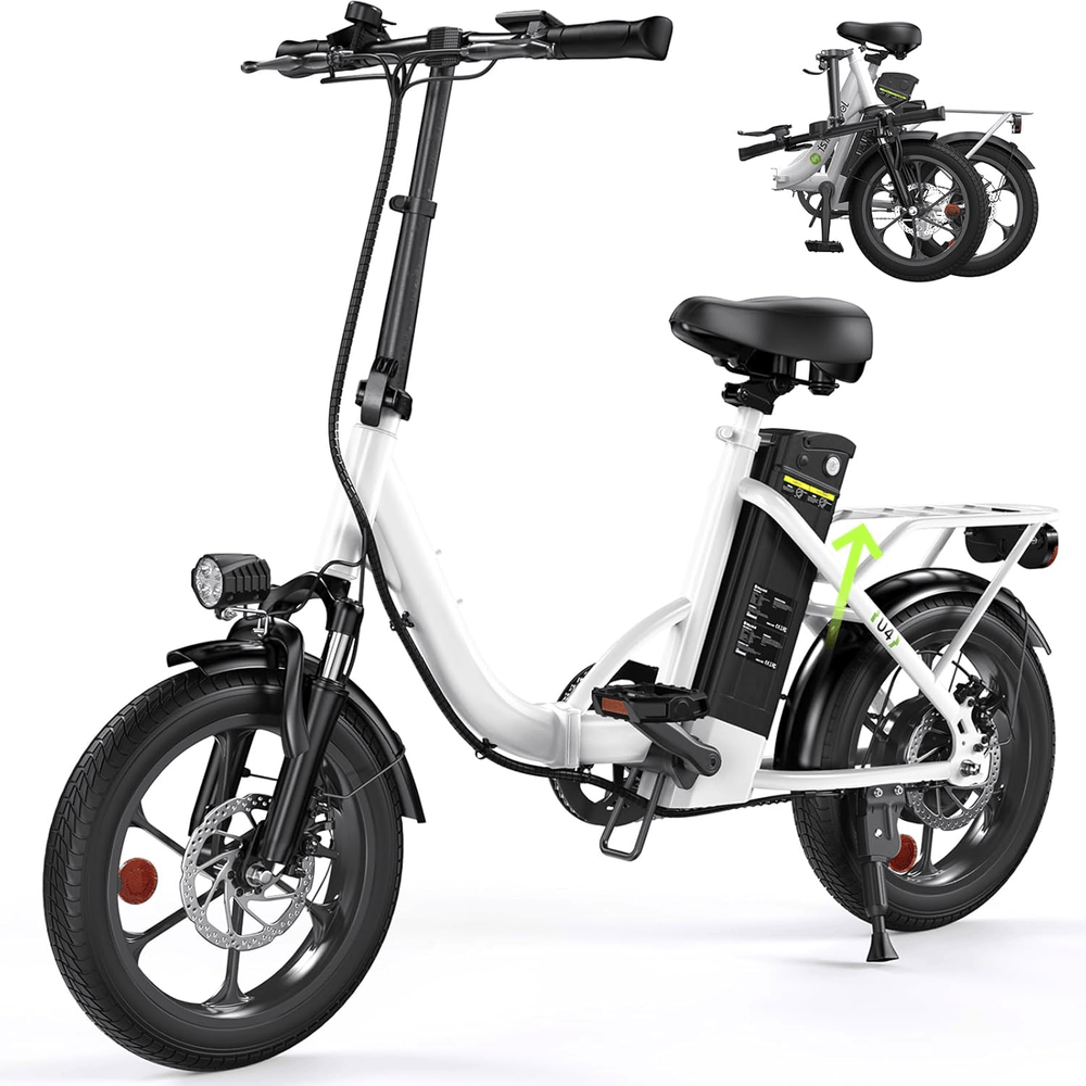 CyberCart Commuter E-Bike U4-White-1-Unit Electric Bike U4 Commuter 16" Fat Tires, Peak 750 W, 88 KM Range Step-Thru Foldable E-Bike