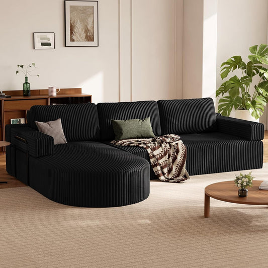 CyberCart Sofa Czarny HOMRELEXA LHMSF11 Narożna sofa z funkcją spania w kształcie litery L, kanapa typu „Cloud” bez kości, rozkładana sofa z siedziskiem 75 cm,