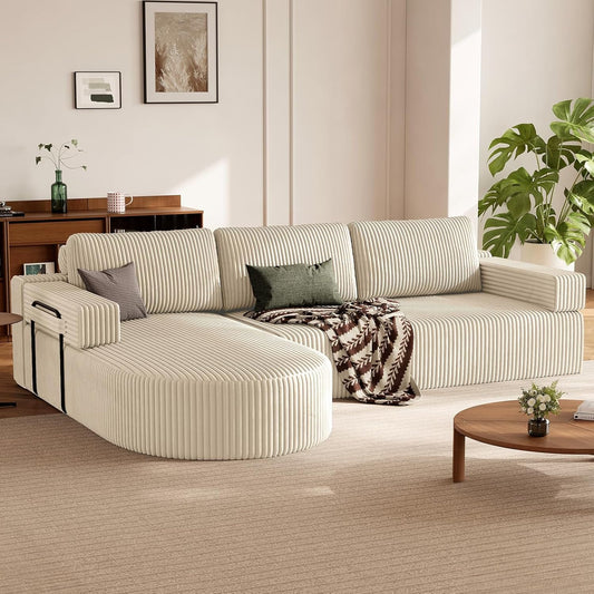 CyberCart Sofa Beige HOMRELEXA LHMSF11 Narożna sofa z funkcją spania w kształcie litery L, kanapa typu „Cloud” bez kości, rozkładana sofa z siedziskiem 75 cm,
