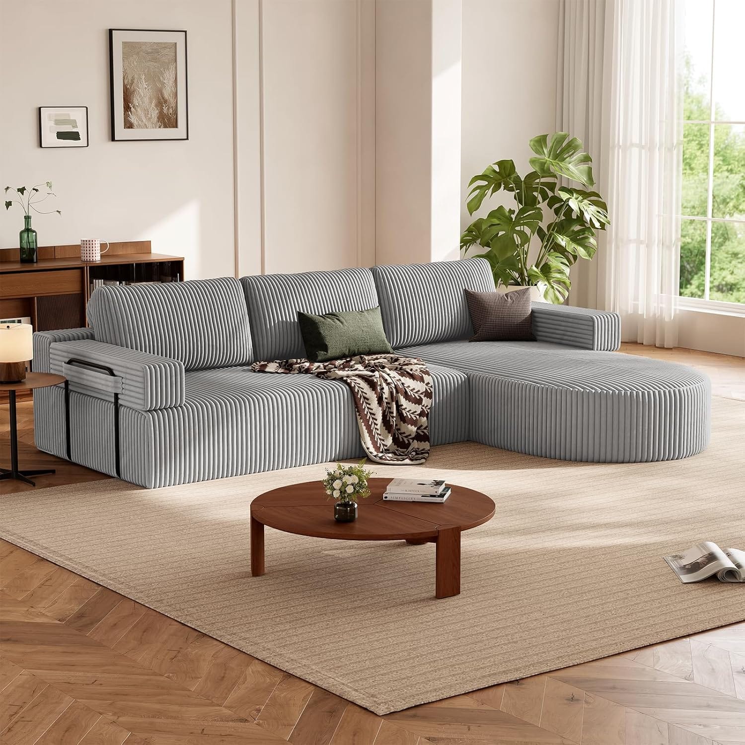CyberCart Sofa Szary HOMRELEXA LHMSF11 Narożna sofa z funkcją spania w kształcie litery L, kanapa typu „Cloud” bez kości, rozkładana sofa z siedziskiem 75 cm,